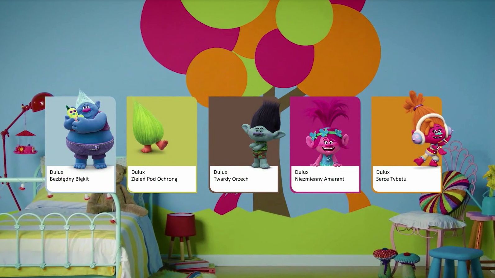 Trolle - kolory do pokoju dziecka Każdy Troll ma swój kolor. Dulux rekomenduje kolory do pokoju dziecka inspirowanego filmem Trolle.